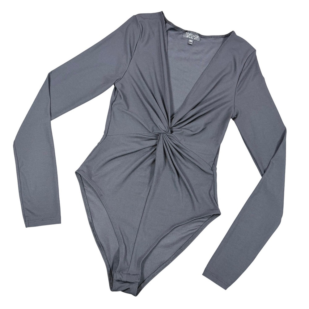 Topshop Twist Front Bodysuit Womens 8 Black Long Sleeve Deep V-Neck Party Night
